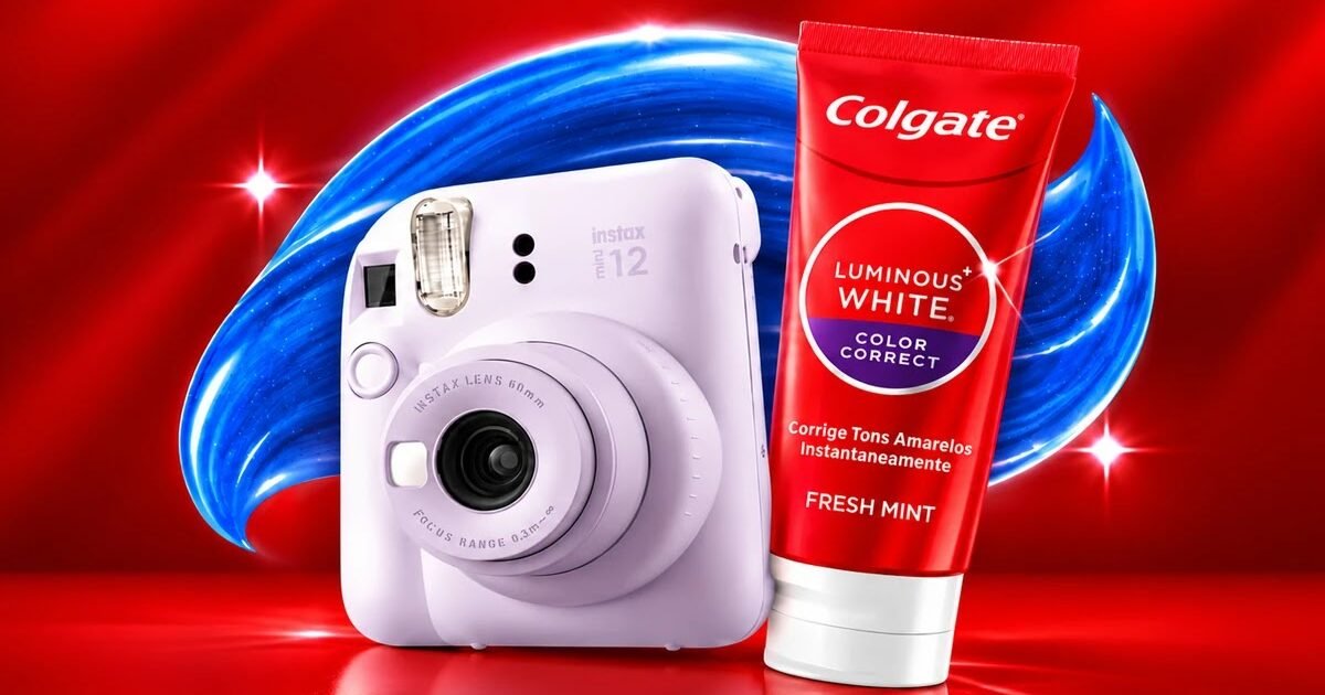 Colgate realiza promoção gratuita com Câmera Instax Mini 12 e creme dental Luminous White